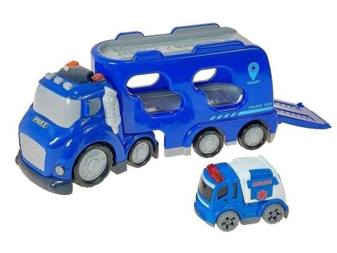 Auto z kontenerem i autem policyjnym światło