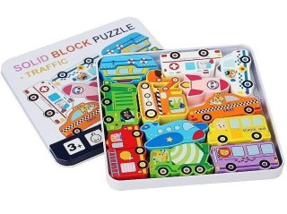 Puzzle drewniane pojazdy w metalowym pudełku