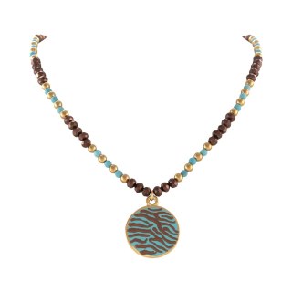 Naszyjnik z czekoladowych koralików, turkusów i złotych kuleczek z zawieszką w zeberkę (C25/LAT/155AU)