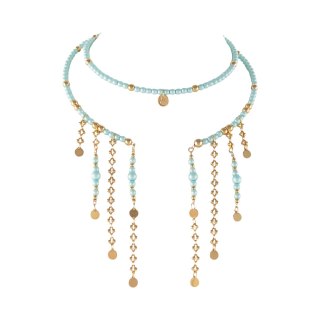 Choker z satynowych, turkusowych perełek i złotych kuleczek, z wiszącymi łańcuszkami (C25/MEM/18AU)
