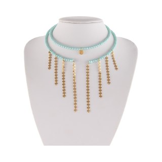 Choker z satynowych, turkusowych perełek, z wiszącymi łańcuszkami (C25/MEM/13AU)