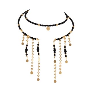 Elastyczny choker z onyksów i złotych kulek, z wiszącymi łańcuszkami i plasterkami (C25/MEM/19AU)