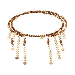 Choker z czekoladowych koralików i złotych kulek, z wiszącymi łańcuszkami (C25/MEM/15AU)