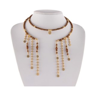 Choker z czekoladowych koralików i złotych kulek, z wiszącymi łańcuszkami (C25/MEM/15AU)