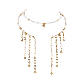 Choker z satynowych perełek i złotych kulek, z wiszącymi łańcuszkami (C25/MEM/17AU)