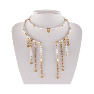 Choker z satynowych perełek i złotych kulek, z wiszącymi łańcuszkami (C25/MEM/17AU)