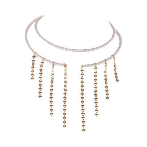 Choker z satynowych perełek, z wiszącymi łańcuszkami (C25/MEM/12AU)