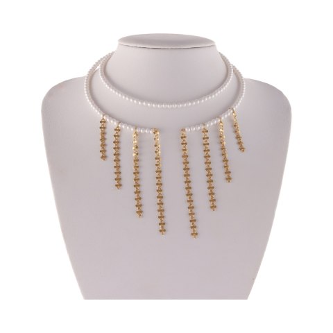 Choker z satynowych perełek, z wiszącymi łańcuszkami (C25/MEM/12AU)