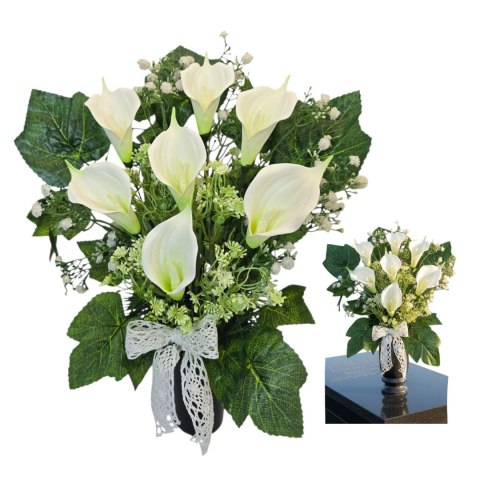 Bukiet flakon stroik na cmentarz kompozycja kwiatowa białe kalie