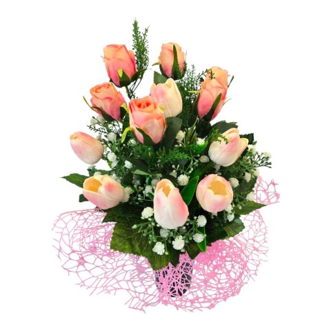 Bukiet flakon stroik na cmentarz kompozycja kwiatowa na grób tulipany