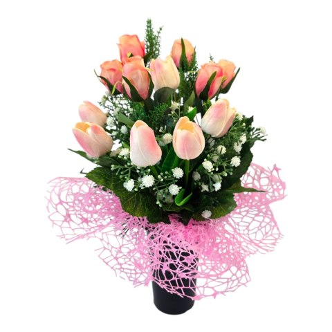 Bukiet flakon stroik na cmentarz kompozycja kwiatowa na grób tulipany