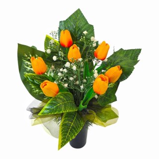 Bukiet flakon stroik na cmentarz kompozycja kwiatowa na grób tulipany