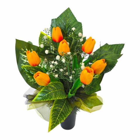 Bukiet flakon stroik na cmentarz kompozycja kwiatowa na grób tulipany