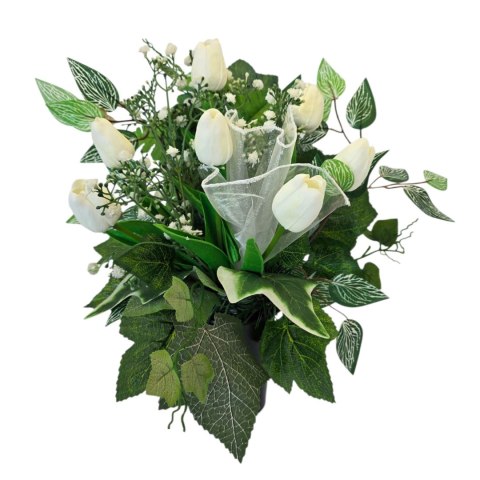 Bukiet flakon stroik na cmentarz kompozycja kwiatowa na grób tulipany