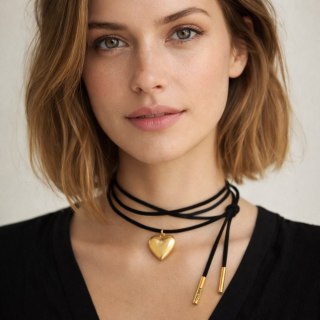 Czarny choker ze złotym pękatym serduszkiem, wiązany z przodu (C24/WIO/05AU)