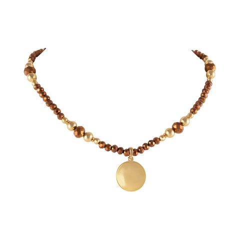 Naszyjnik czekoladowych koralików i złotych kulek z zawieszką w kształcie okrągłego plasterka (C25/KOR/83/1AU)