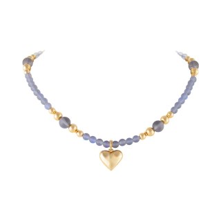 Naszyjnik z ciemnych opali i złotych kuleczek z pękatym serduszkiem (C25/KOR/84/3AU)