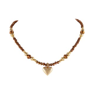 Naszyjnik z koralików w odcieniu czekoladowym i złotych kuleczek z pękatym serduszkiem (C25/KOR/84/4AU)