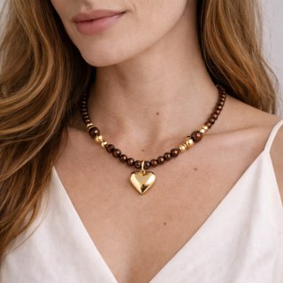 Naszyjnik z koralików w odcieniu czekoladowym i złotych kuleczek z pękatym serduszkiem (C25/KOR/84/4AU)