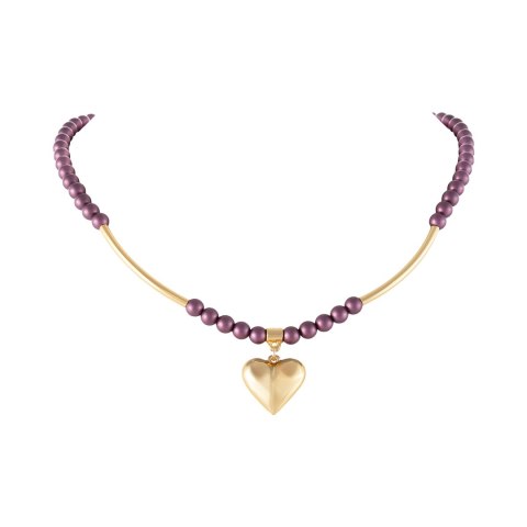 Naszyjnik z satynowych perełek w kolorze fioletowym, z zawieszką w kształcie pękatego serduszka (C25/KOR/92AU)