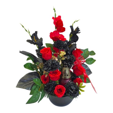 Stroik na cmentarz ze zniczem kompozycja kwiatowa miska z obciążeniem