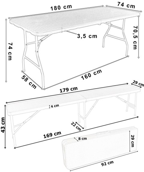 Zestaw cateringowy Rattan brąz stół 180 cm+ 2 ławki