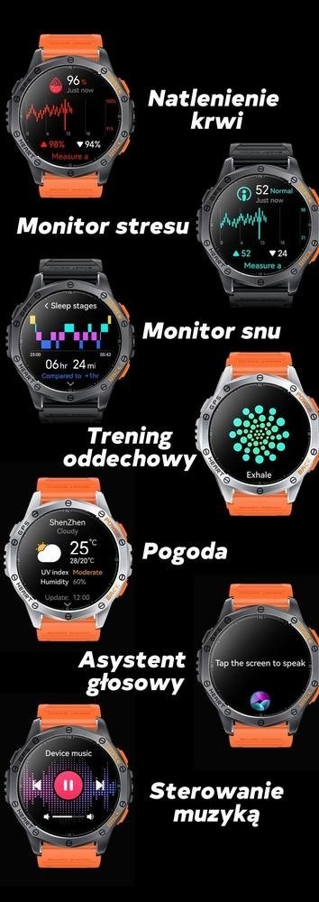 Smartwatch Męski GRAVITY GPS GT24-5 Czarny Pasek Silikonowy + Zielony Pasek Silikonowy