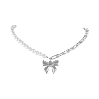 Choker z pereł i łańcucha, z gładką kokardką Aria Princess Collection (C25/NUT/04AG)