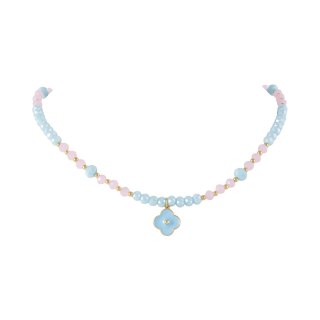 Naszyjnik z niebieskich i różowych koralików oraz złotych kuleczek z niebieską koniczynką (C25/KOR/97AU)