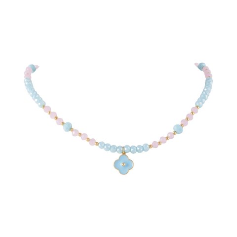 Naszyjnik z niebieskich i różowych koralików oraz złotych kuleczek z niebieską koniczynką (C25/KOR/97AU)