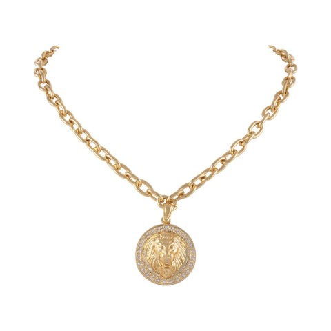 Naszyjnik z okrągłą zawieszką z głową lwa, zdobioną kryształkami Preciosa (C25/JES/141AU)