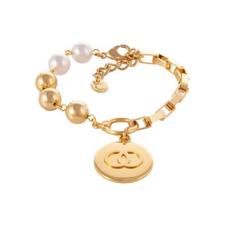 Bransoletka z pereł, kuleczek i łańcucha z okrągłą zawieszką z kółeczkami w środku (B25/KOR/101AU)