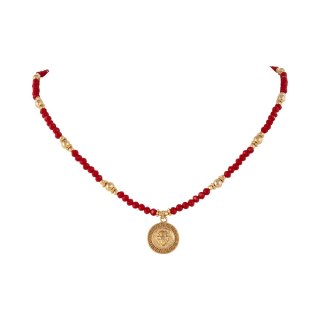 Naszyjnik z czerwonych koralików i złotych kulek z małą, grecką monetką (C25/KOR/106AU)