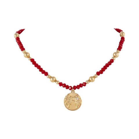 Naszyjnik z czerwonych koralików i złotych kulek z plasterkiem, ze skrzydłami (C25/KOR/105AU)
