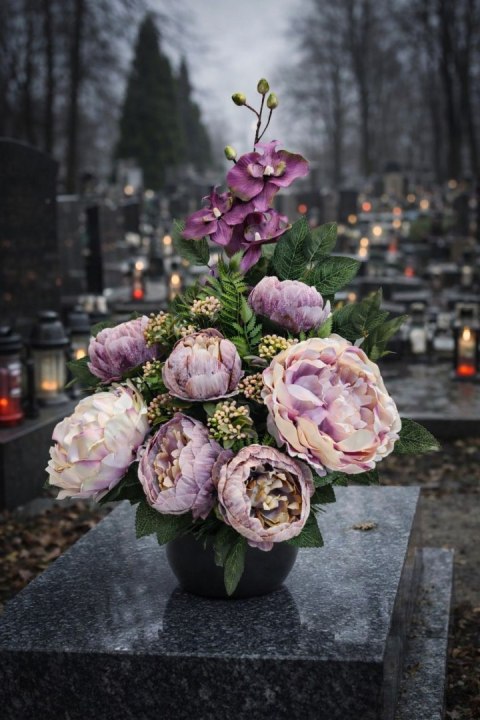 Strok na cmentarz kompozycja kwiatowa miska rękodzieło