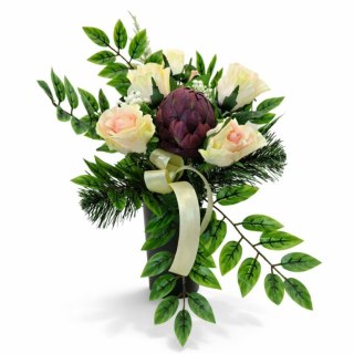 Bukiet flakon stroik na cmentarz kompozycja kwiatowa z karczochem