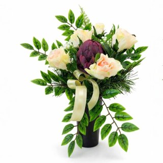 Bukiet flakon stroik na cmentarz kompozycja kwiatowa z karczochem