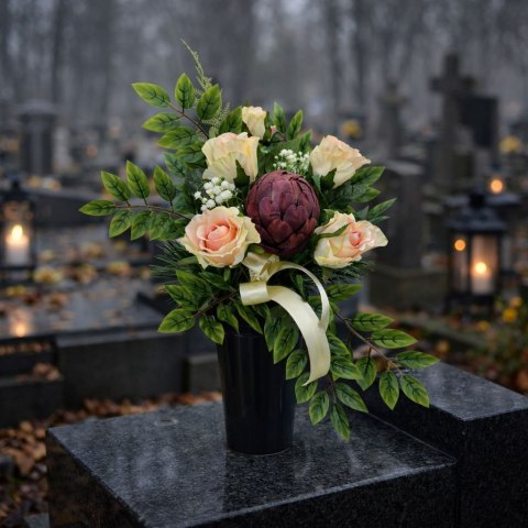 Bukiet flakon stroik na cmentarz kompozycja kwiatowa z karczochem