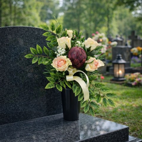 Bukiet flakon stroik na cmentarz kompozycja kwiatowa z karczochem