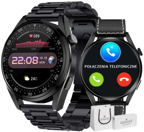 SMARTWATCH GIEWONT GW450-2  Czarny + Dodatkowy Czarny Skórzany Pasek