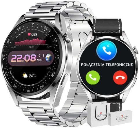 SMARTWATCH GIEWONT GW450-5 Srebrny + Dodatkowy Czarny Skórzany Pasek