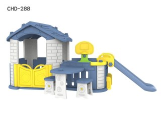 Duży Domek ogrodowy 5w1 dla dzieci + Zjeżdżalnia + Koszykówka + Ogródek + Stolik + 2 Krzesełka Niebieski Dach