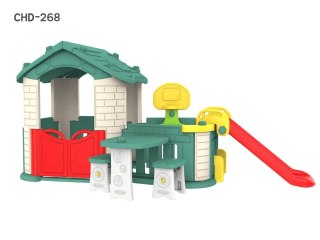 Duży Domek ogrodowy 5w1 dla dzieci + Zjeżdżalnia + Koszykówka + Ogródek + Stolik + 2 Krzesełka Zielony Dach