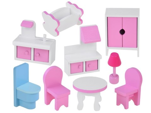 RÓŻOWY Drewniany domek dla lalek + mebelki + oświetlenie LED ZA4130