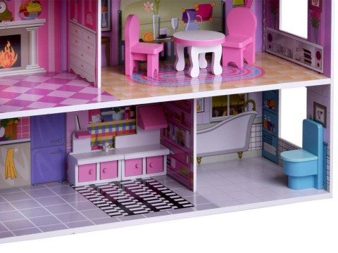 RÓŻOWY Drewniany domek dla lalek + mebelki + oświetlenie LED ZA4130